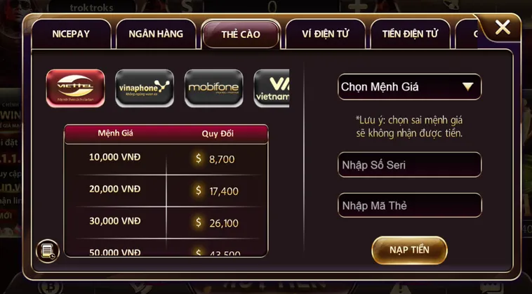 Hướng dẫn nạp tiền bằng thẻ điện thoại.